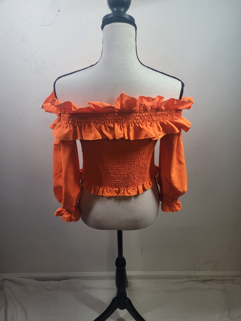 Off-Shoulder Ruffled Smocked Crop Top - Orange
